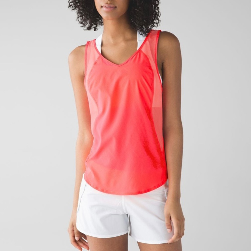 Lululemon Run With The Sun Tank Top Neon Pink Coral Mesh Cross Over Flash Light
